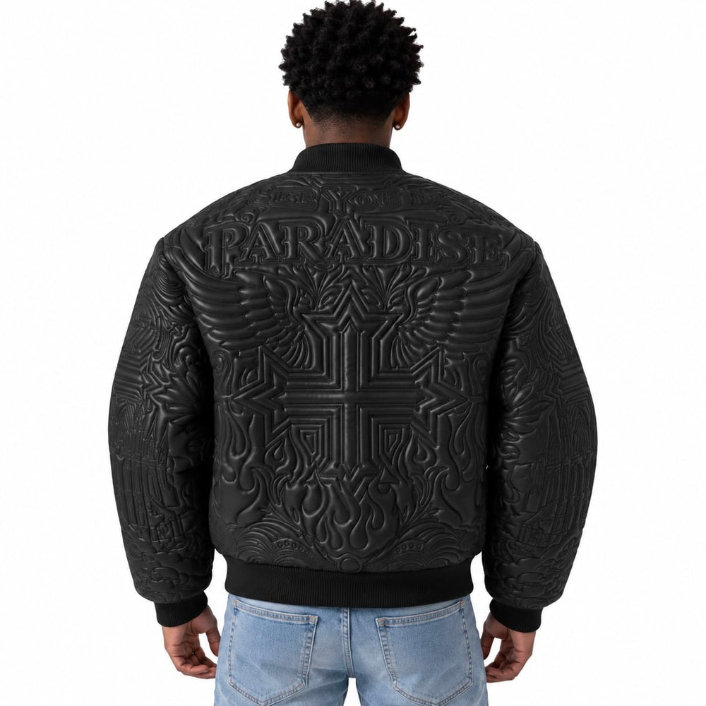 SEE YOU IN PARADISE FLAMING CROSS STITCHED BOMBER JACKET (BLACK) 91685