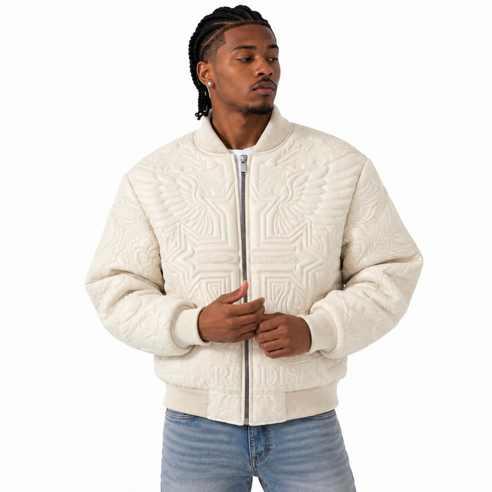 SEE YOU IN PARADISE FLAMING CROSS STITCHED BOMBER JACKET (KHAKI) 91685