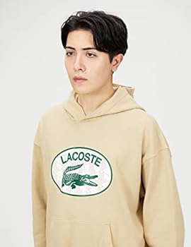 Lacoste  Men's Monogram Motif Lacoste Print Hooded Sweatshirt Beige