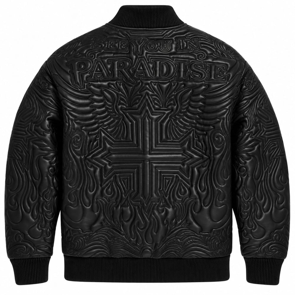 SEE YOU IN PARADISE FLAMING CROSS STITCHED BOMBER JACKET (BLACK) 91685