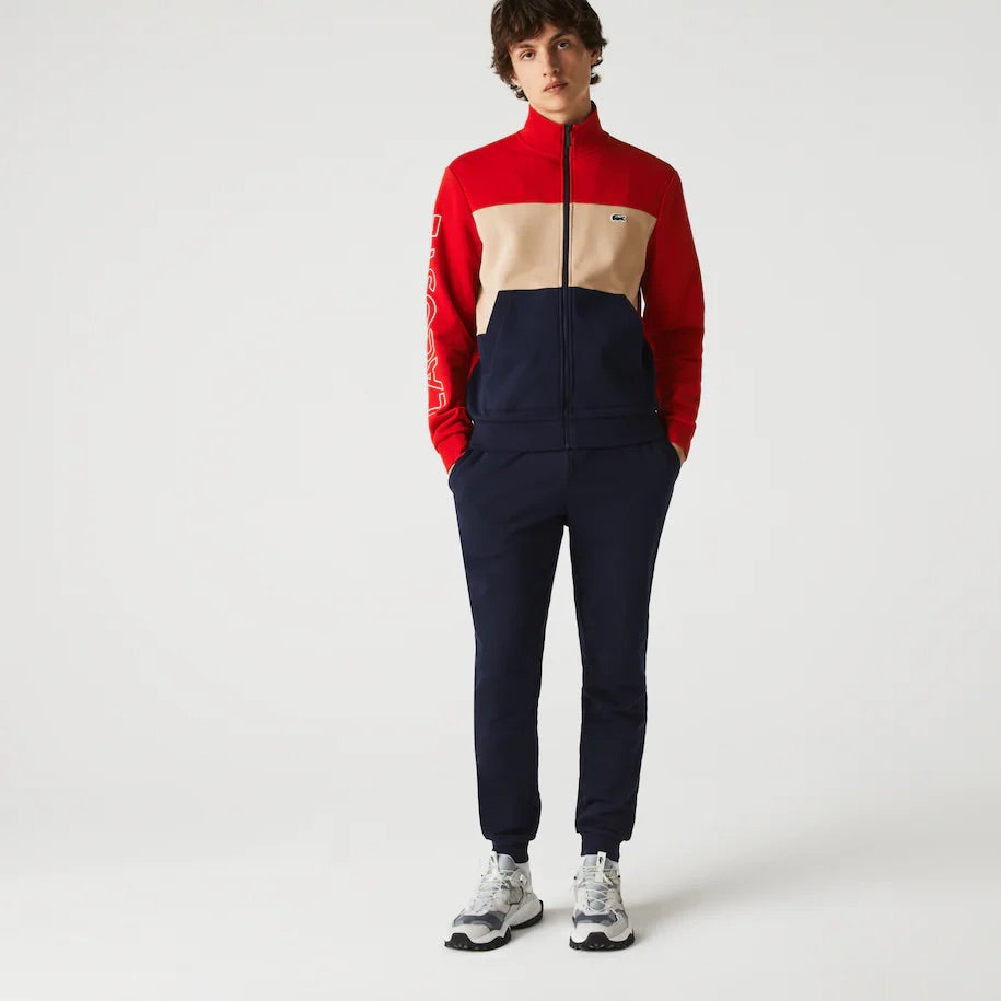 Lacoste Printed Colorblock Fleece Tracksuit (Navy Blue/Beige/Red)