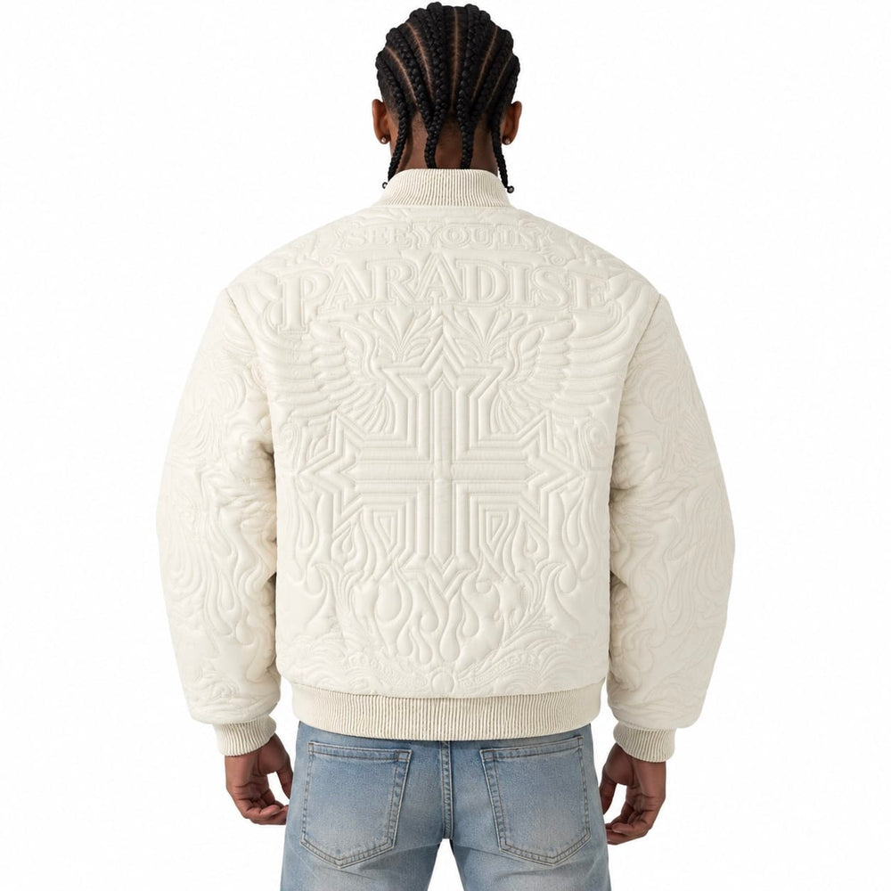 SEE YOU IN PARADISE FLAMING CROSS STITCHED BOMBER JACKET (KHAKI) 91685