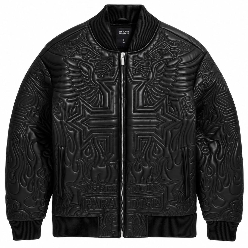 SEE YOU IN PARADISE FLAMING CROSS STITCHED BOMBER JACKET (BLACK) 91685