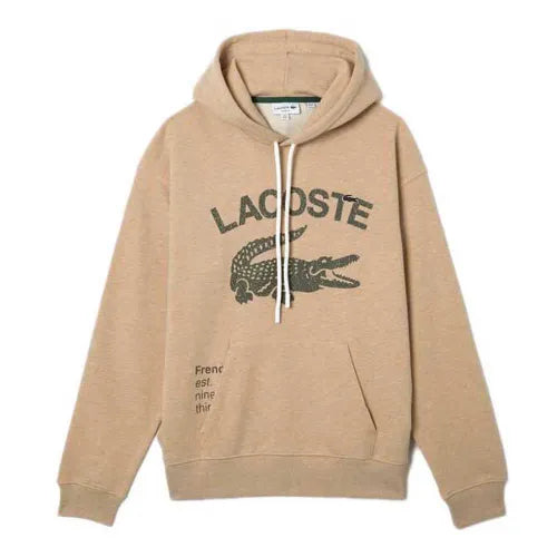 Lacoste Men's Sweatshirt Hooded Loose Fit Crocodile Pullover Beige